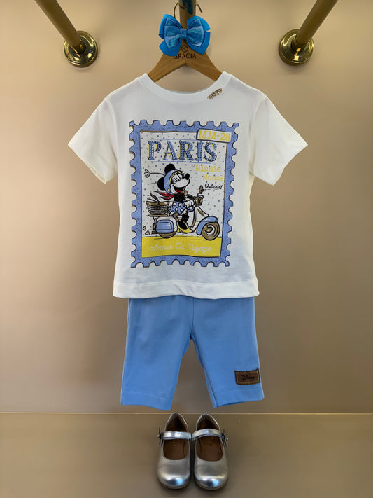 Conjunto Blusa Minnie Strass Paris e Shorts Legging Azul - Animê