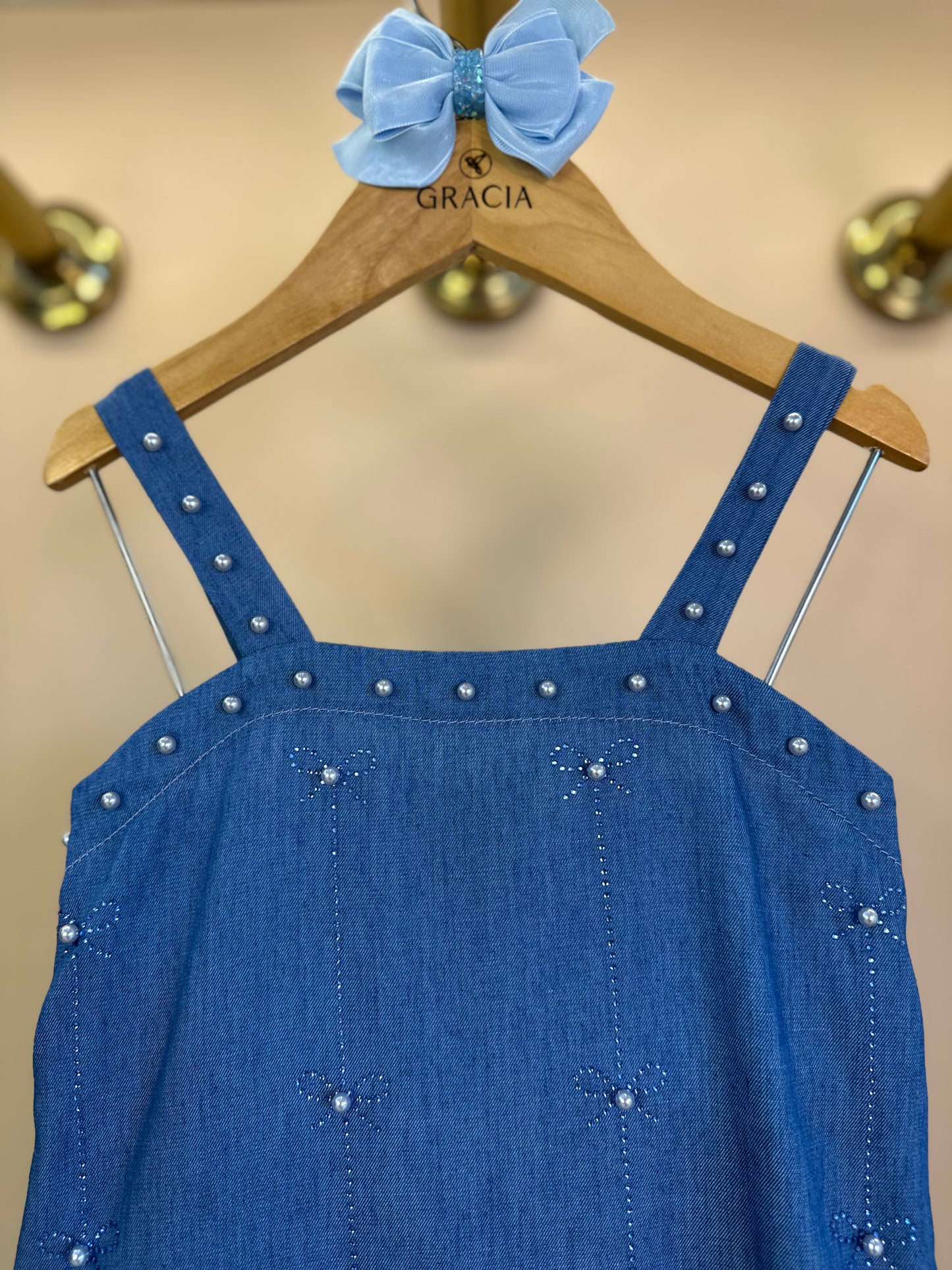 Vestido Infantil Jeans Aplicação Pérolas e Strass - Petit Cherie