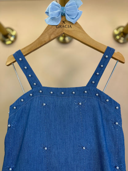Vestido Infantil Jeans Aplicação Pérolas e Strass - Petit Cherie