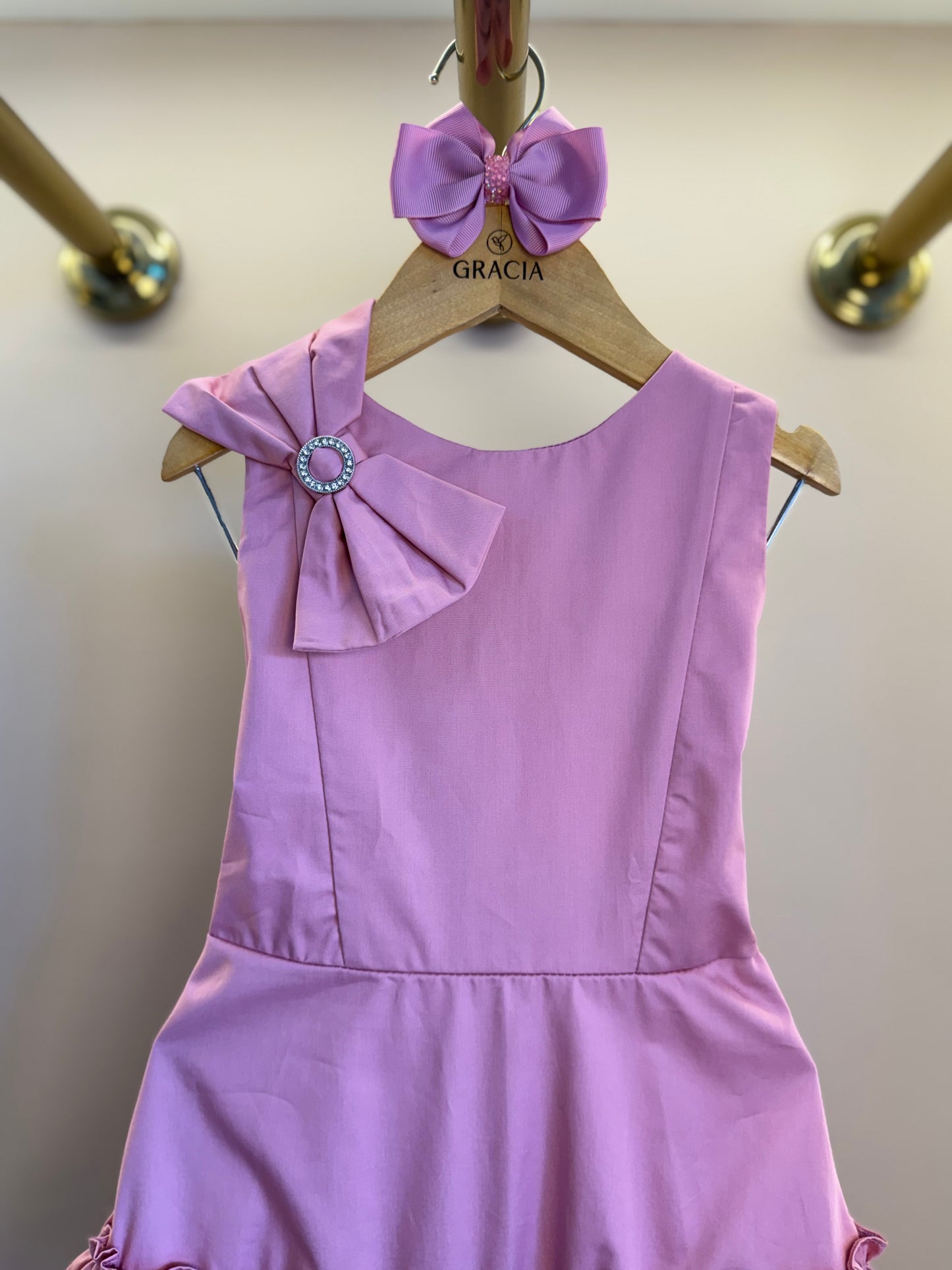 Vestido Infantil Algodão Laço Strass Ombro Rosé - Petit Cherie