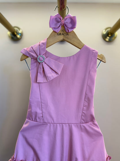 Vestido Infantil Algodão Laço Strass Ombro Rosé - Petit Cherie