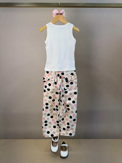 Conjunto Infantil Regata Ursinha Vestido de Poá e Calça Infantil Baggy Sarja Estampa Poá Bolsos Com Laços - Pituchinhus