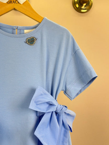 Vestido Infantil Azul Claro Laços Laterais Babado Na Barra - Animê
