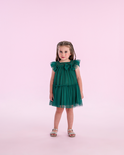 Vestido Infantil Trapézio Tule Bordado Paetê e Laço Verde - Petit Cherie