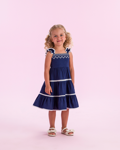 Vestido Infantil Linho Marinho Bordado Branco - Petit Cherie