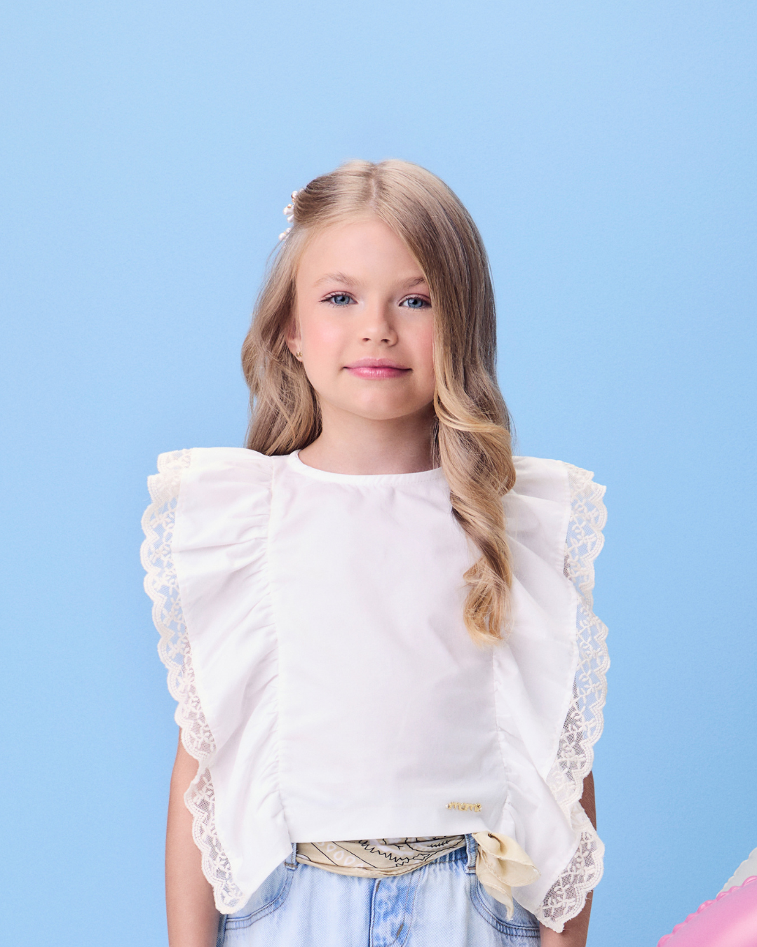 Conjunto Infantil Blusa Bordado Inglês e Calça Jeans Cós Clochard - Momi