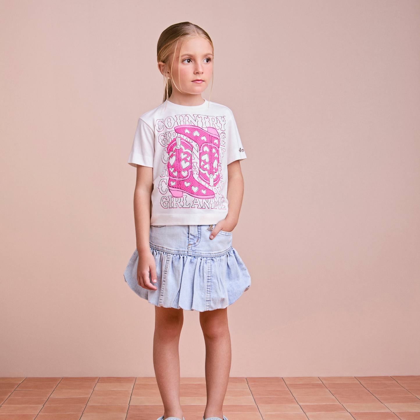 Conjunto Infantil Jeans Blusa Country, Colete Bota e Saia Balonê - Animê