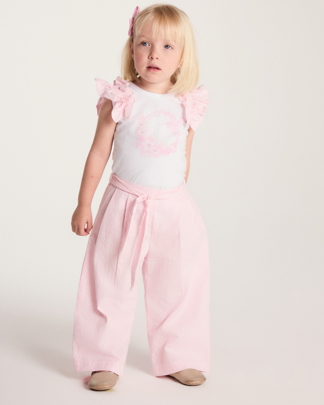 Conjunto Bebê Blusa com Strass e Calça Wide Leg Listrada Rosa- Um Mais Um PRÉ-VENDA