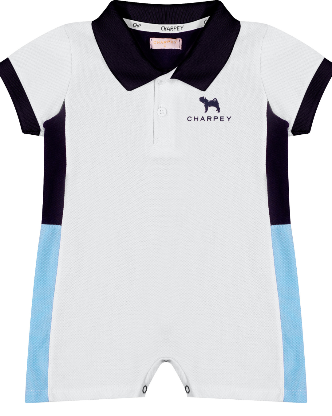 Macaquinho Bebê Piquet Branco Golinha Preta - Charpey PRÉ-VENDA