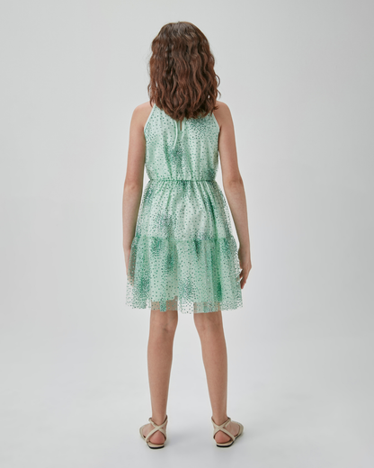 Vestido Infantil Rodado Tule Florzinhas e Glitter - Um Mais Um