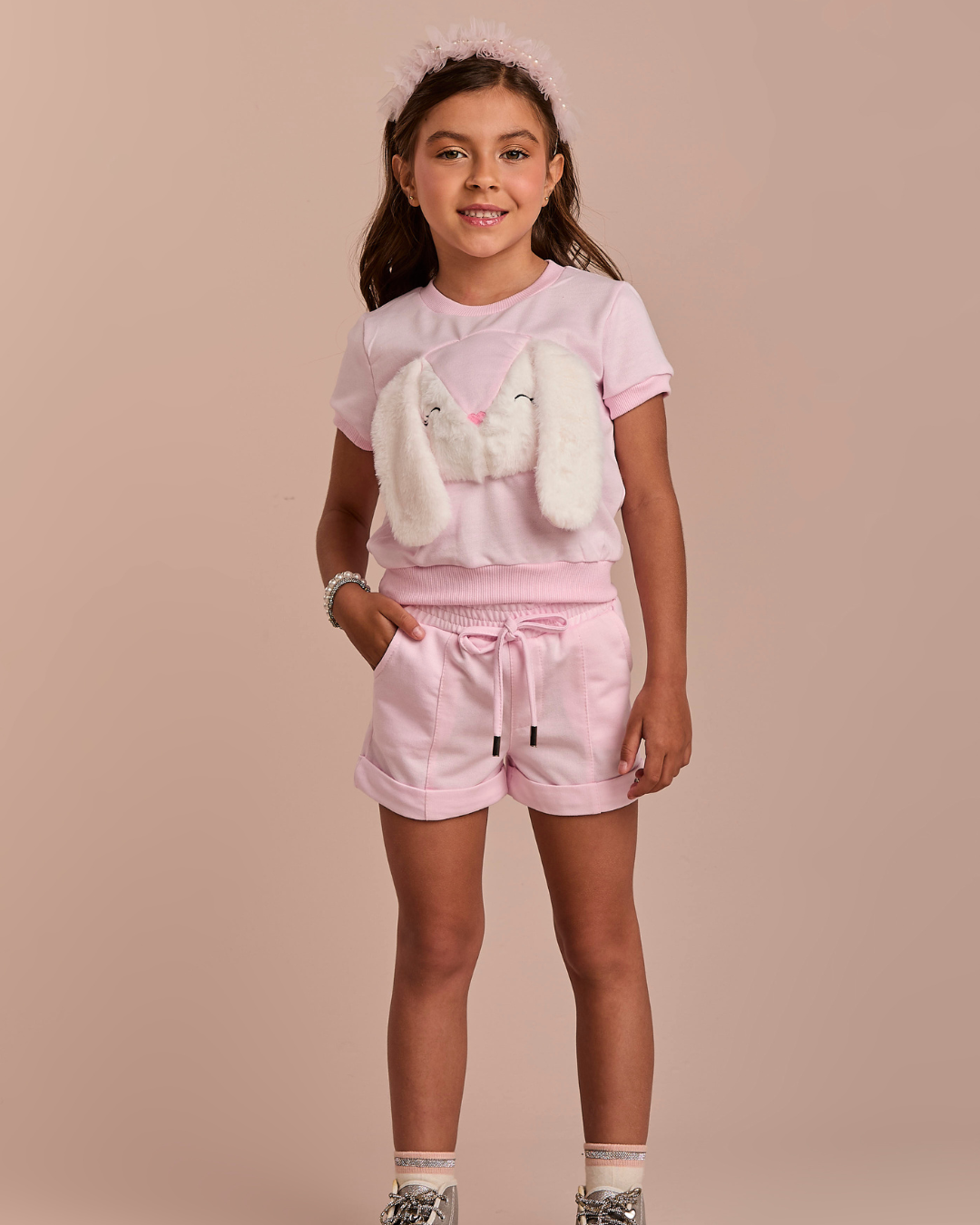 Conjunto Infantil Moletinho Comfy Blusa e Short Coelho 3D Rosa - Gabriela Aquarela