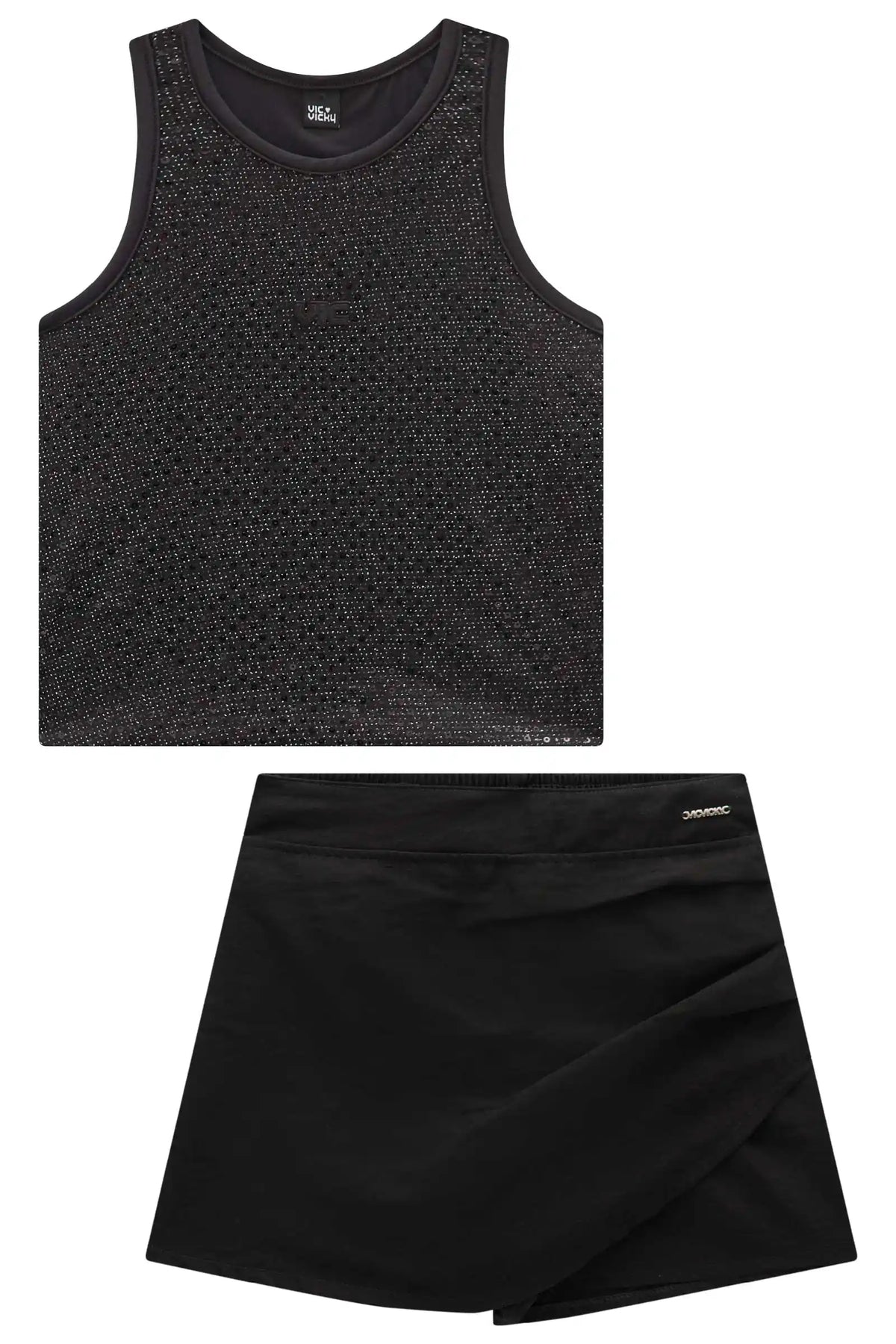 Conjunto Infantil Regata Malha Brilho Short Saia Alfaiataria Preto - Vic Vick