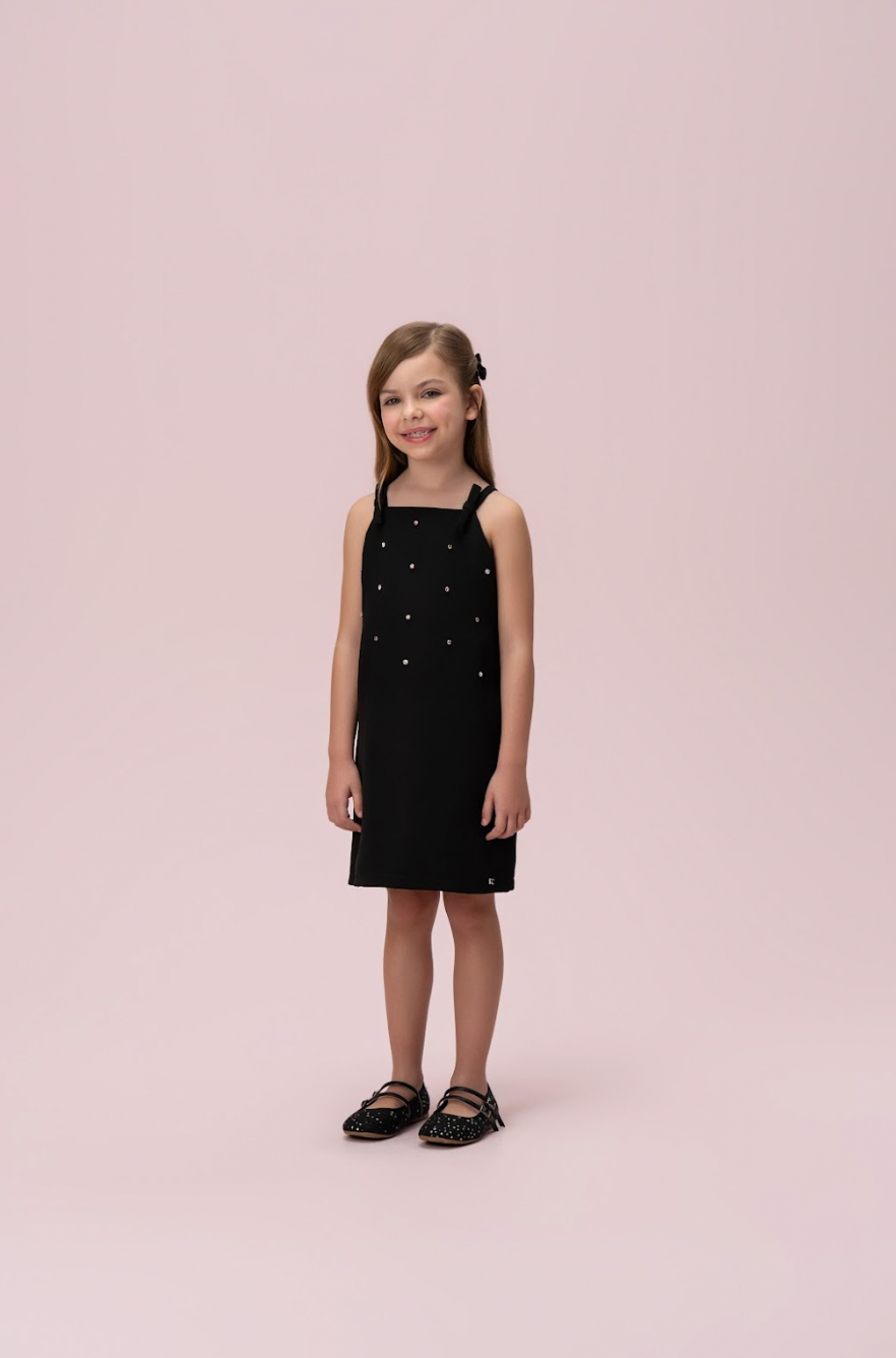 Vestido Infantil Alfaiataria Preto Lacinhos e Strass - Petit Cherie