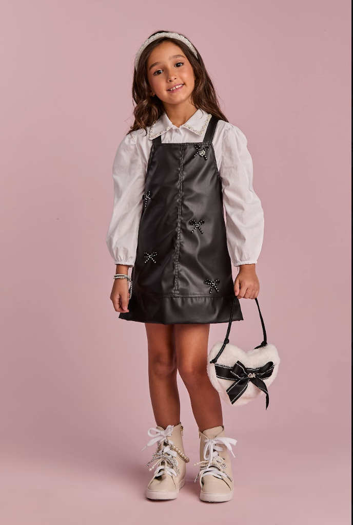 Conjunto Infantil Camisa Branca Gola Cristais e Salopete Like Leather Preta - Gabriela Aquarela
