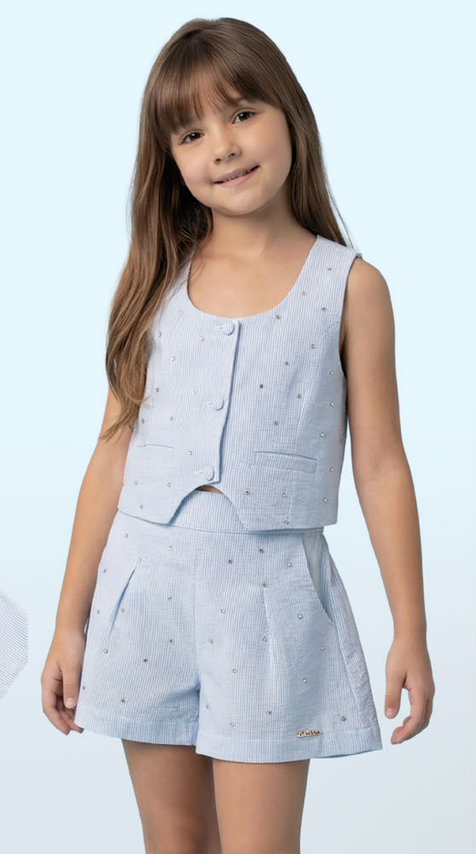 Conjunto Infantil Azul Alfaiataria Blusa e Short Frente com Strass - Luluzinha