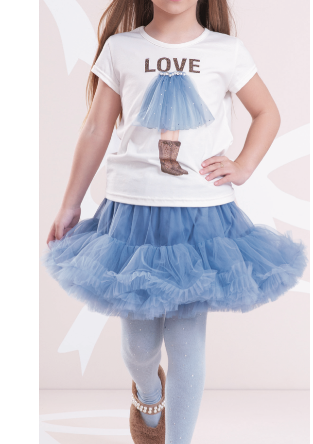 Saia Infantil Tule Babado Fru-Fru Azul Médio - Pituchinhus