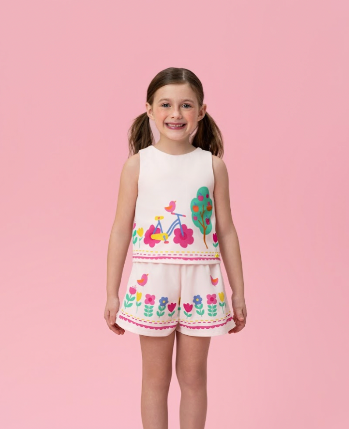 Conjunto Infantil Blusa e Shorts Bege Florestinha Colorida - Mon Sucré