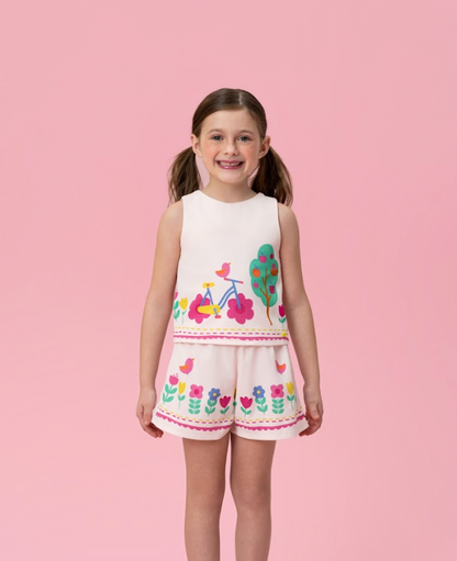 Conjunto Infantil Blusa e Shorts Bege Florestinha Colorida - Mon Sucré