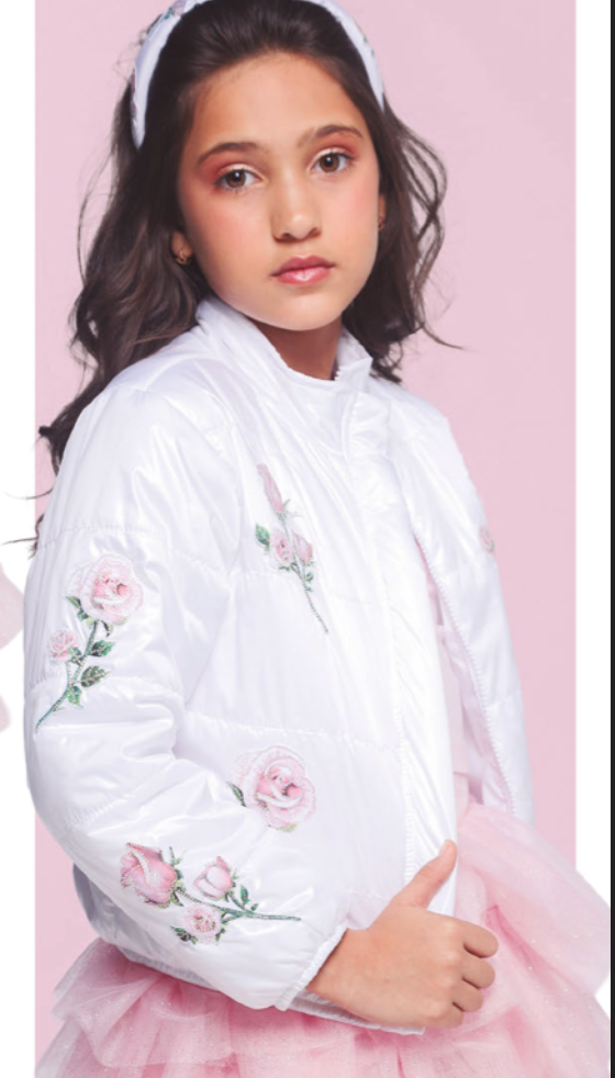 Conjunto Infantil com Casaco Bordado Floral, Blusa com Strass e Saia em Tulle Glitter - Luluzinha