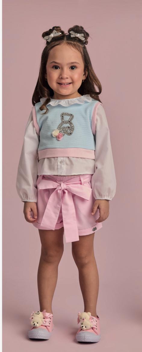 Conjunto Infantil Short Rosa E Blusa Azul  Ursinho Cristal - Gabriela Aquarela