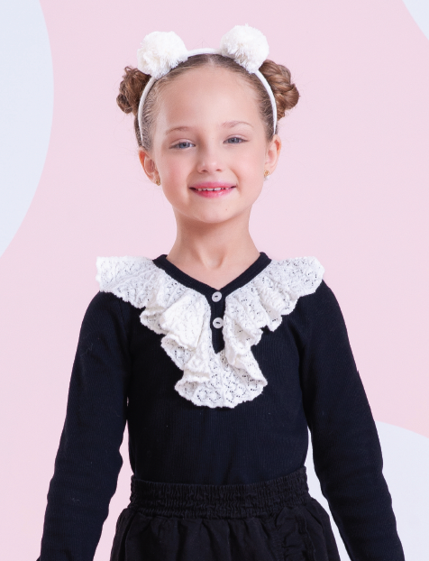 Blusa Algodão Tricot ML Jabô Botões Preta - Pituchinhus