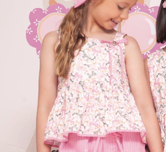 Blusa Infantil Rosa Algodão Babado Estampa de Lacinhos - Pituchinhus