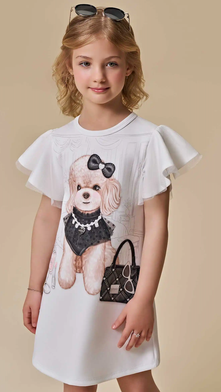 Vestido Infantil Off White Estampa Cachorrinha e Mangas Em Tule - Infanti