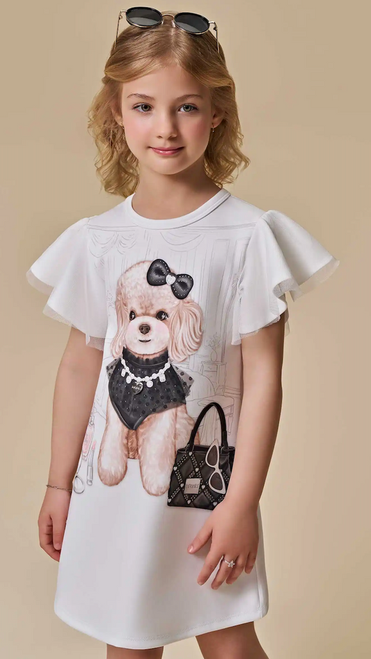 Vestido Infantil Off White Estampa Cachorrinha e Mangas Em Tule - Infanti