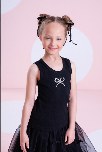 Conjunto Infantil Regata Lacinho Bordado e Saia-shorts Tule Lacinhos Veludo Preta - Pituchinhus