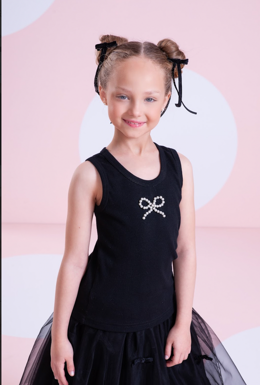 Conjunto Infantil Regata Lacinho Bordado e Saia-shorts Tule Lacinhos Veludo Preta - Pituchinhus