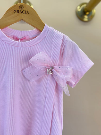 Camiseta Infantil Lacinho Tule Off White e Rosa - Gabriela Aquarela