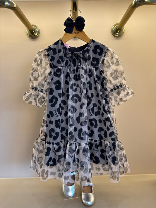 Vestido Infantil Rodado Tule Esclusivo Animal Print Aplicação Laço Strass - Luluzinha