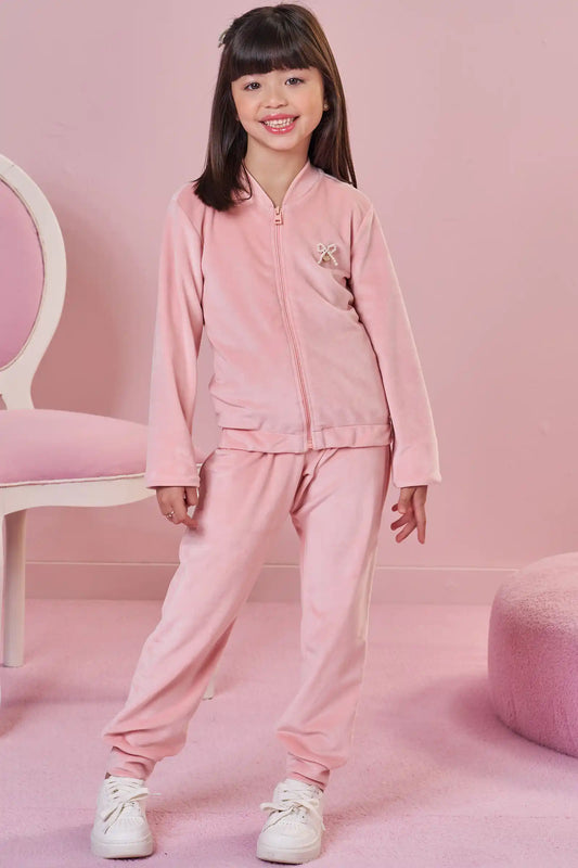 Conjunto Jaqueta e Calça Jogger Veludo Elastano Rosa Claro - Infanti