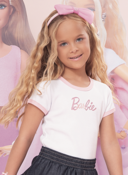 Conjunto Infantil Blusa Barbie Strass Branca e Calça Legging Barbie Rosa Xadrez - Pituchinhus