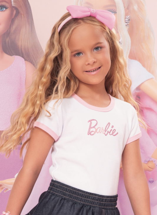 Conjunto Infantil Blusa Barbie Strass Branca e Calça Legging Barbie Rosa Xadrez - Pituchinhus