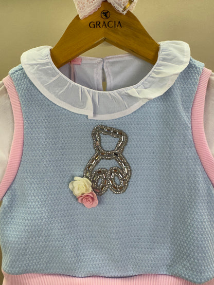 Conjunto Infantil Saia Short Pouple Ursinhos E Blusa Tricot Rosa - Gabriela Aquarela