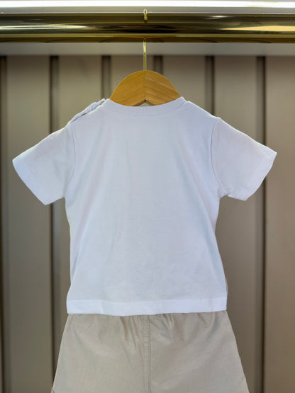 Conjunto Bebê Camiseta-Body Cachorrinho Futebol e Bermuda Bege - Um Mais Um