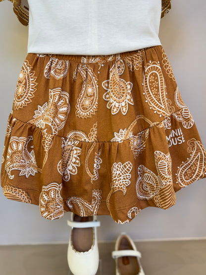 Conjunto Infantil Blusa Detalhes Mangas Paisley e Saia Estampada Paisley - Animê