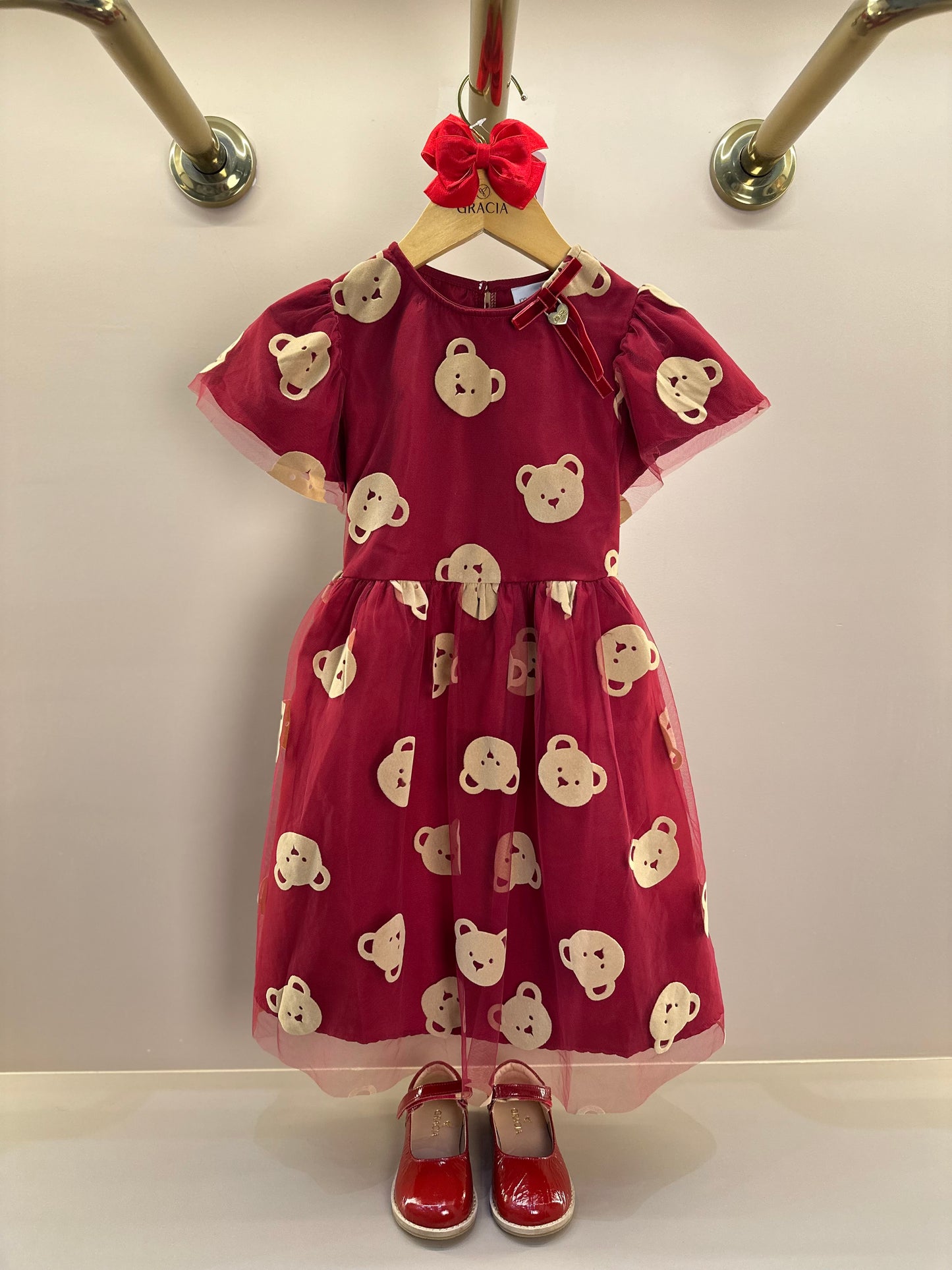 Vestido Infantil Tule Ursinhos Bordô - Momi