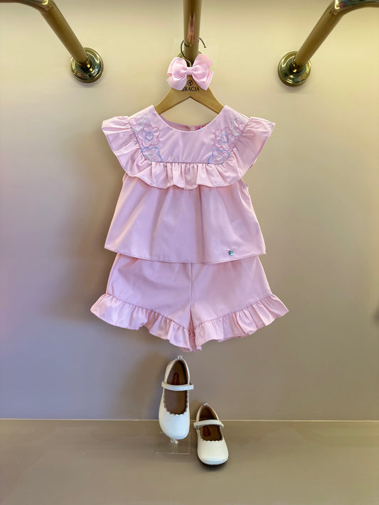 Conjunto Infantil Tricoline Blusa Bordada Flores e Shorts Babadinhos Rosa - Mon Sucré
