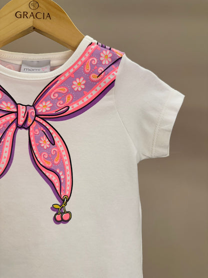 Conjunto Infantil Blusa Lenço Estampado Amarrado Na Gola e Calça Jeans Wide Leg Cós Alto Com Elástico - Momi