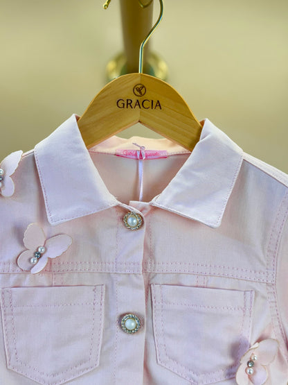 Jaqueta Infantil Sarja Rosa com Borboletas - Gabriela Aquarela