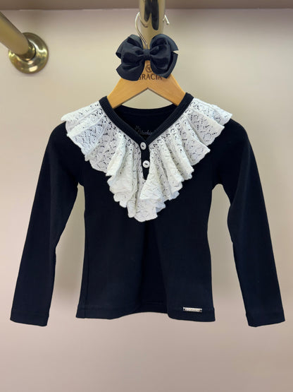 Blusa Algodão Tricot ML Jabô Botões Preta - Pituchinhus