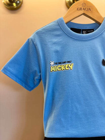 Conjunto Infantil Camiseta Mickey Azul Celeste e Bermuda Moletom Preta - Youccie