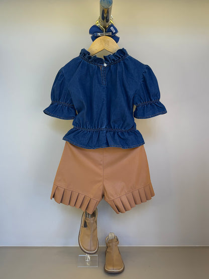 Conjunto Infantil Blusa Jeans Peplum e Shorts Couro Tech Botões - Luluzinha