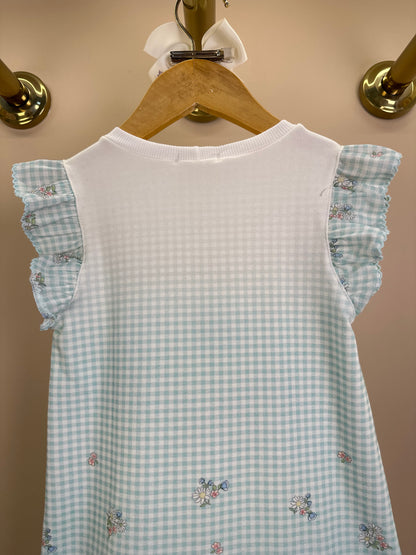 Vestido Infantil Quadriculado Azul Claro Flores e Strass - Petit Cherie
