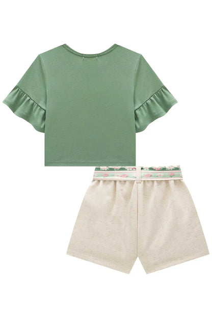 Conjunto Infantil Blusa Boxy Esquila de Lacinho e Shorts Verde Ultramarine - Infanti