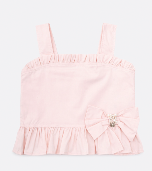 Conjunto Infantil Blusa Cropped Babado Laço Bordado Rosa Fada e Saia Infantil Midi Tule Babados Rosa Fada - Pituchinhus PRÉ-VENDA