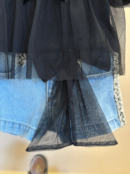 Conjunto Infantil BlusaTule Laço Veludo Preta e Shorts Jeans Laço Preto - Animê