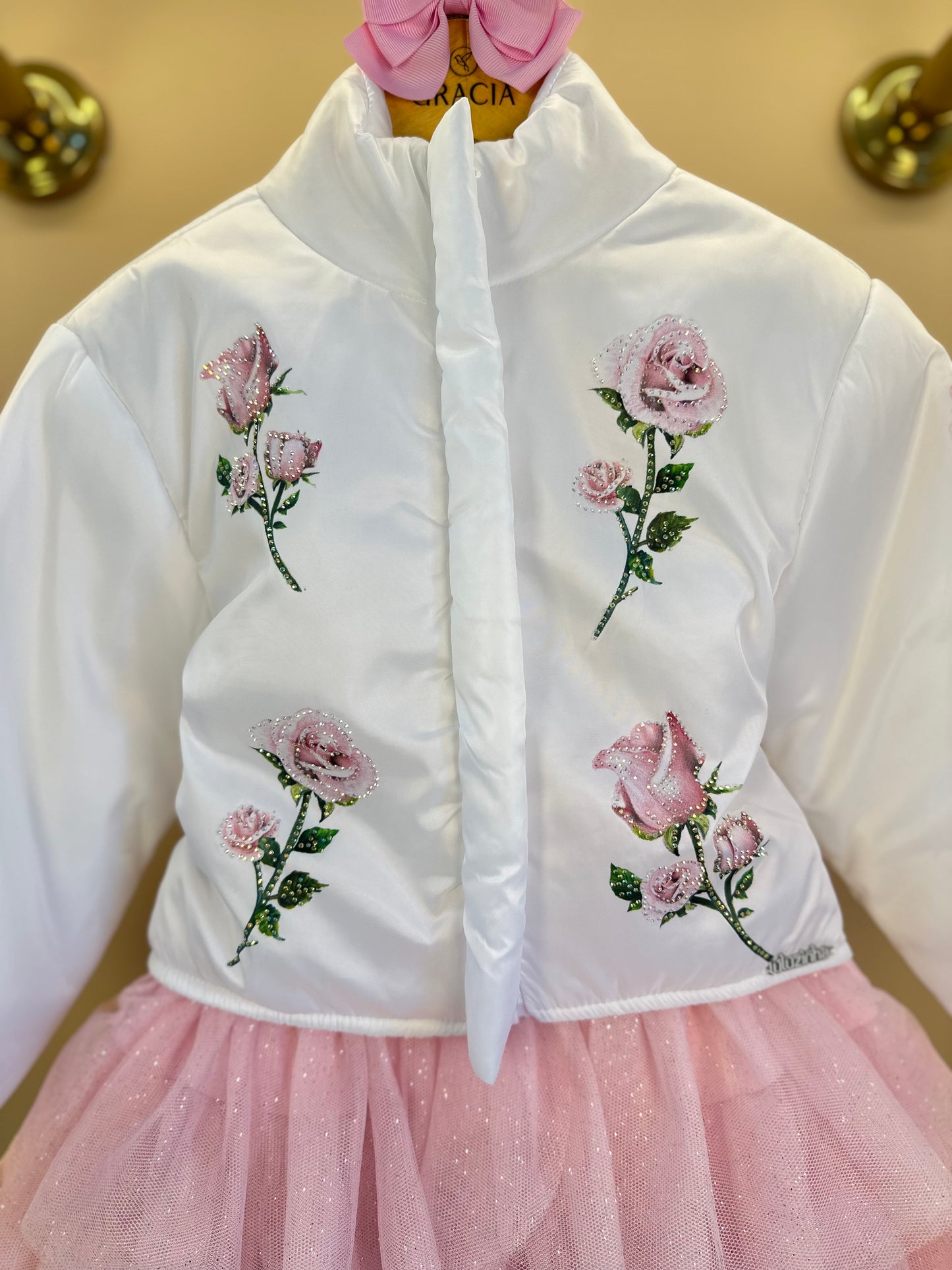 Conjunto Infantil com Casaco Bordado Floral, Blusa com Strass e Saia em Tulle Glitter - Luluzinha